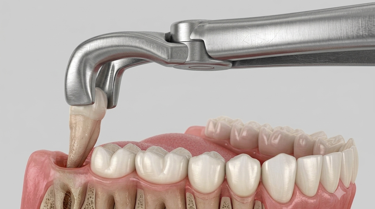 Dental extraction procedure diagram showing forceps pulling a tooth from the lower jaw – Dentstop.
