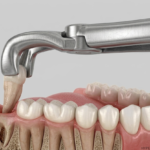 Dental extraction procedure diagram showing forceps pulling a tooth from the lower jaw – Dentstop.