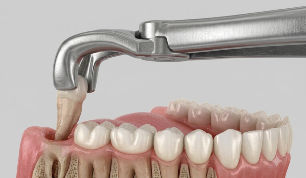 Dental extraction procedure diagram showing forceps pulling a tooth from the lower jaw – Dentstop.